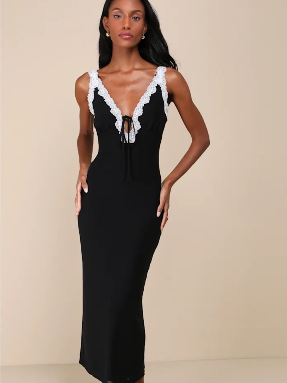LULUS Black Dress with White Lace Trim